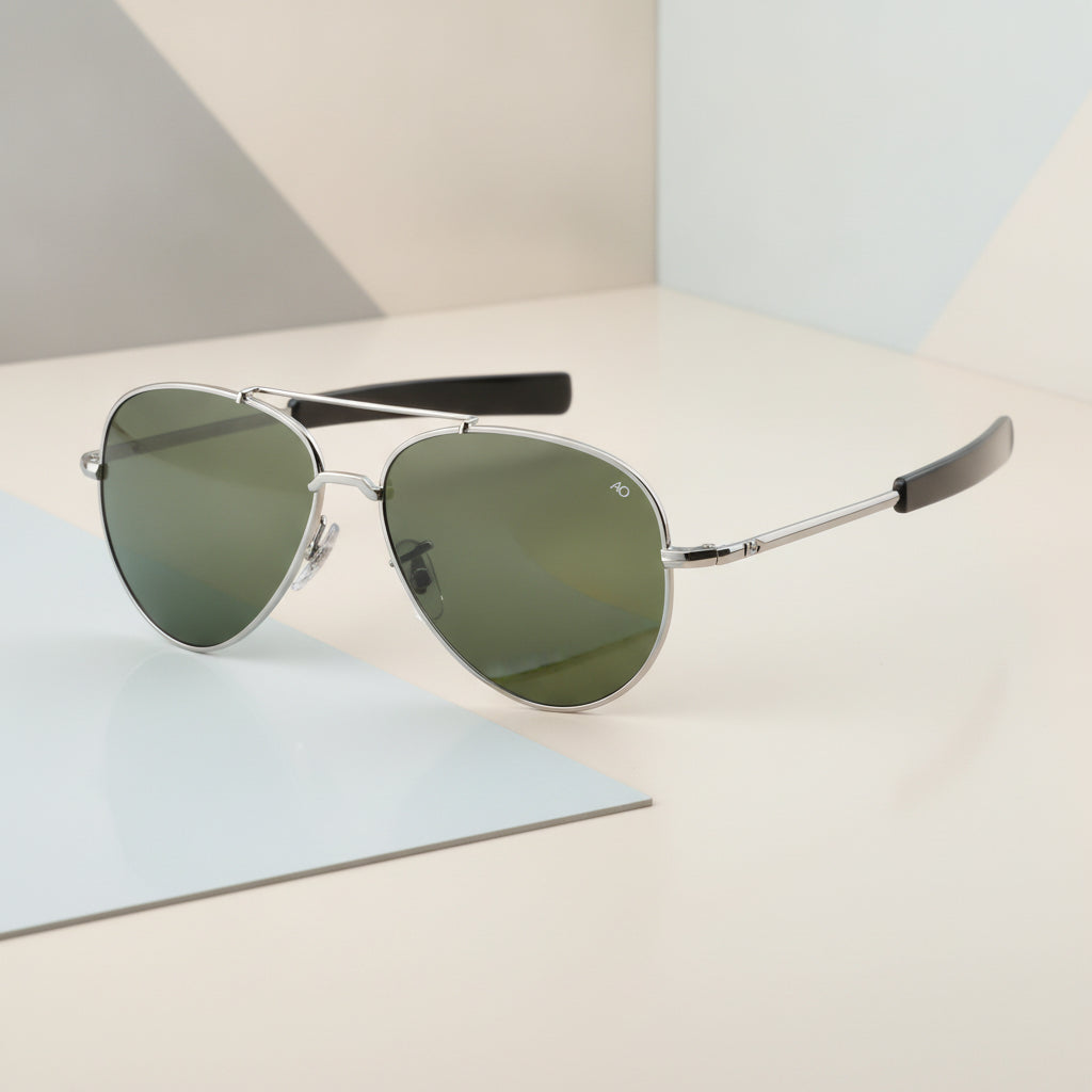 Men's Aviator Finish Metal Frame Sunglasses with UV400 Glass Lenses, in Silver