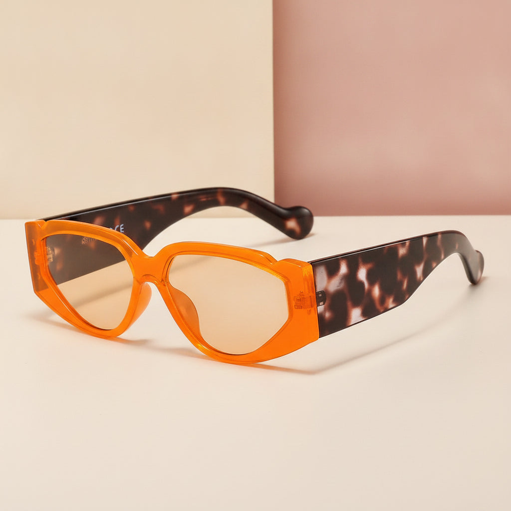 Oversized Rectangular Cat-Eye Brown Tortoiseshell Plastic Frame Sunglasses with AC Lenses For Men and Women, in Orange