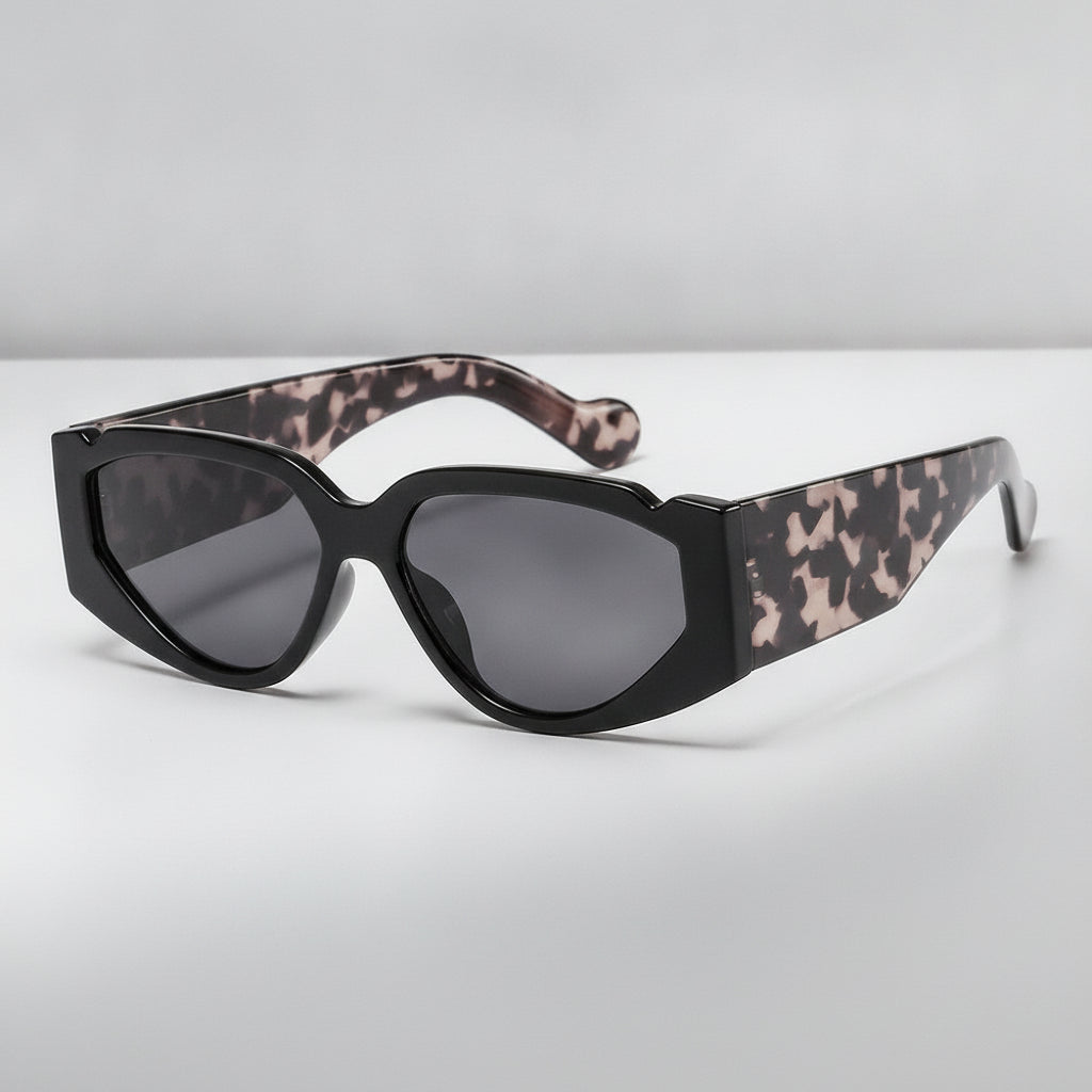 Oversized Rectangular Cat-Eye Brown Tortoiseshell Plastic Frame Sunglasses with AC Lenses For Men and Women, in Black frame