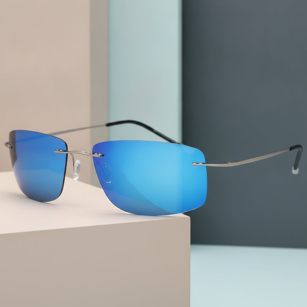 Lightweight Pure Titanium Rectangular Rimless Polarized TAC Sunglasses Delicate, in Sky Blue