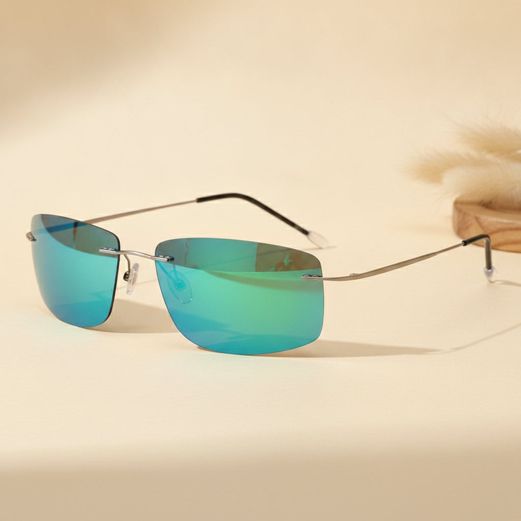 Lightweight Pure Titanium Rectangular Rimless Polarized TAC Sunglasses Delicate, in Blue