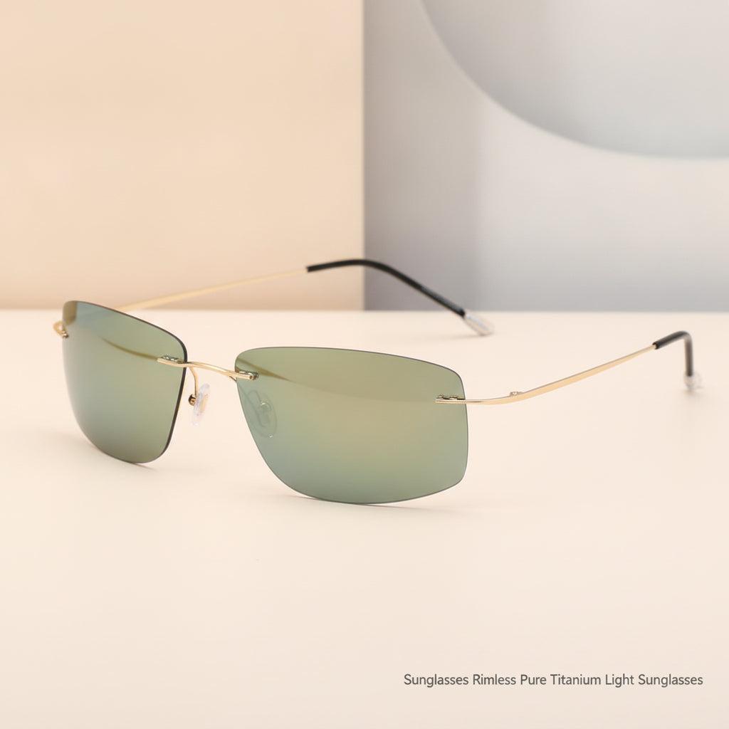 Lightweight Pure Titanium Rectangular Rimless Polarized TAC Sunglasses Delicate, in Green