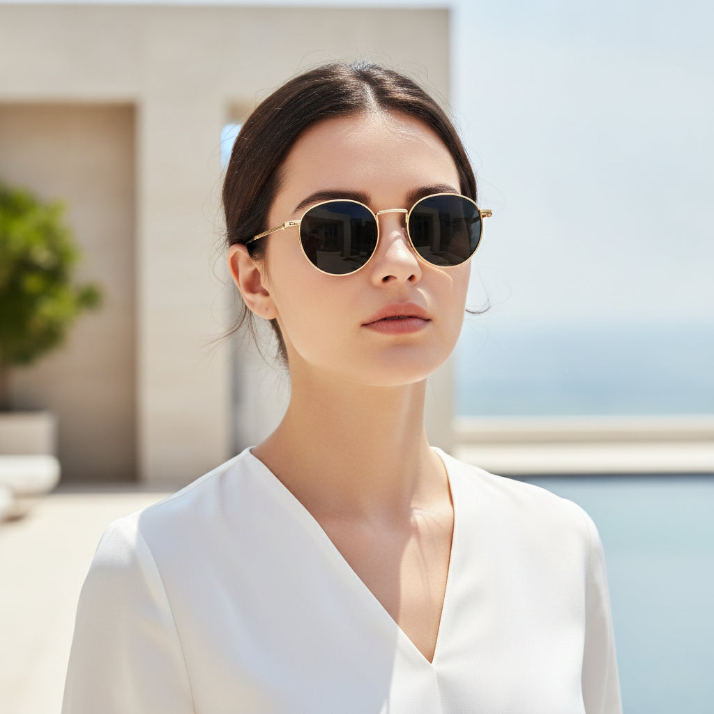 Round Polarized Sunglasses for Women Men Metal Frame Resin UV400 Avant-garde Style, in Golden grey