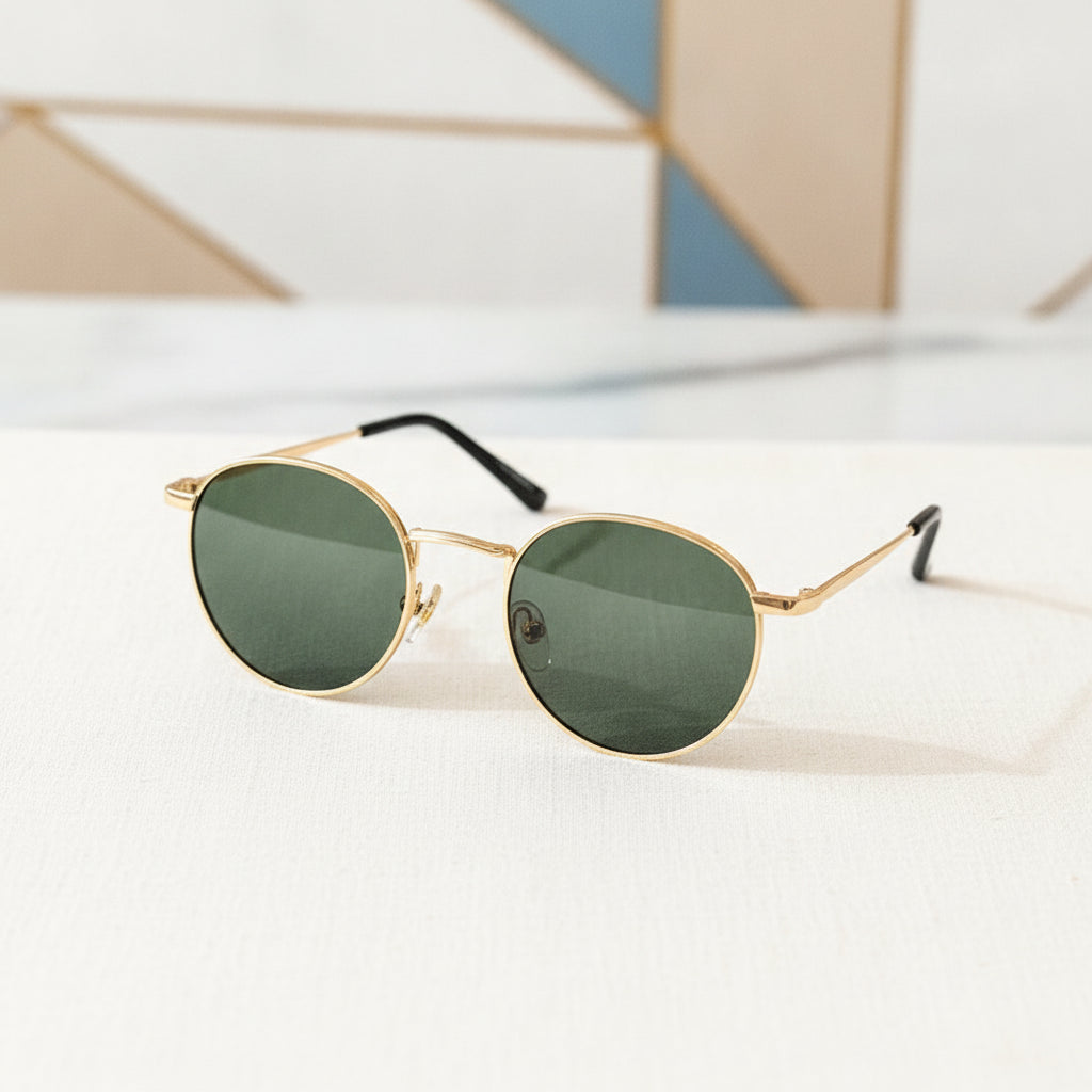 Round Polarized Sunglasses for Women Men Gold Metal Frame Resin UV400 Avant-garde Style, in Golden dark green