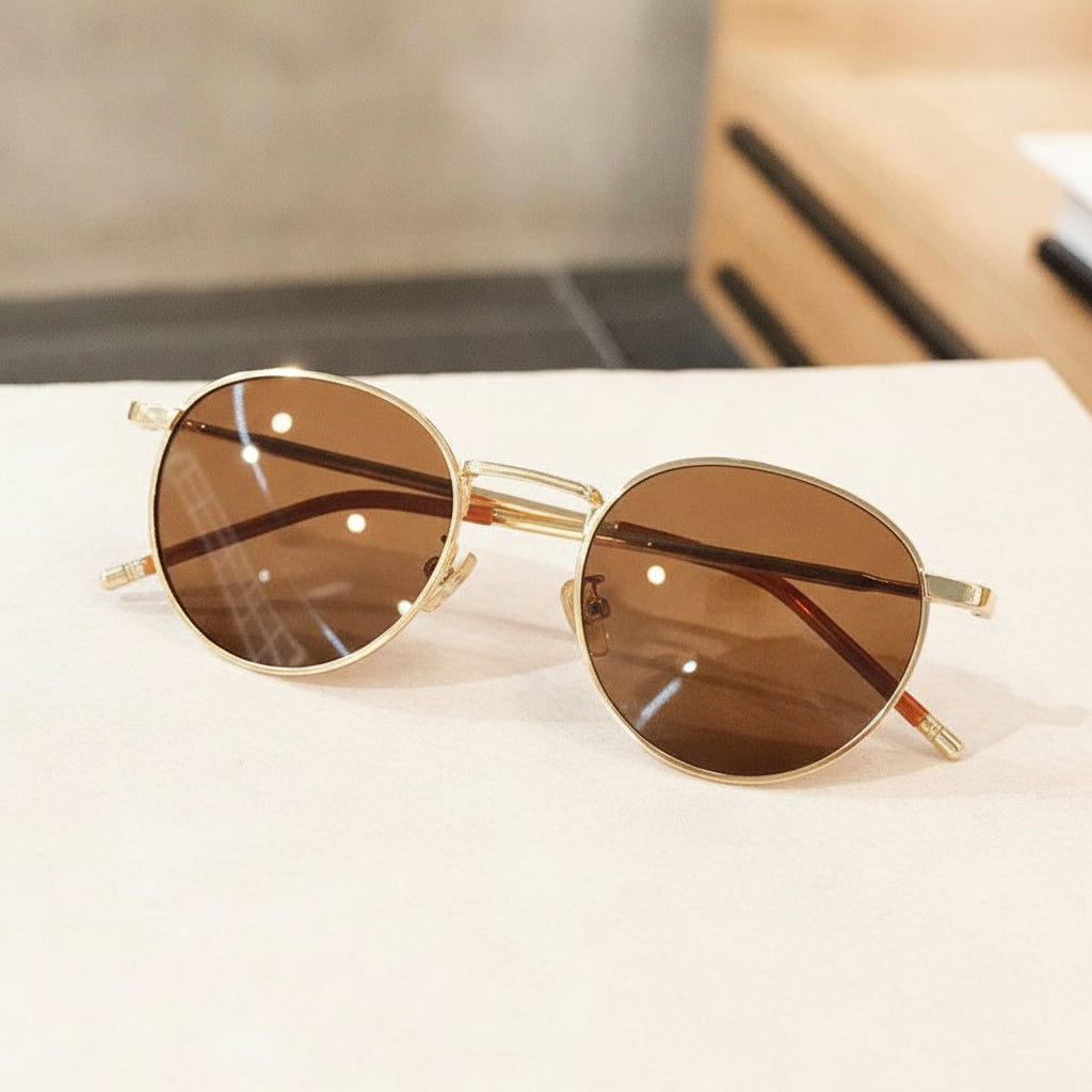 Round Polarized Sunglasses for Women Men Gold Metal Frame Resin UV400 Avant-garde Style, in Golden tea