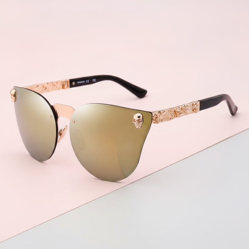 Black Mirrored Cat Eye Metal Sunglasses with Skull Design PC Lens