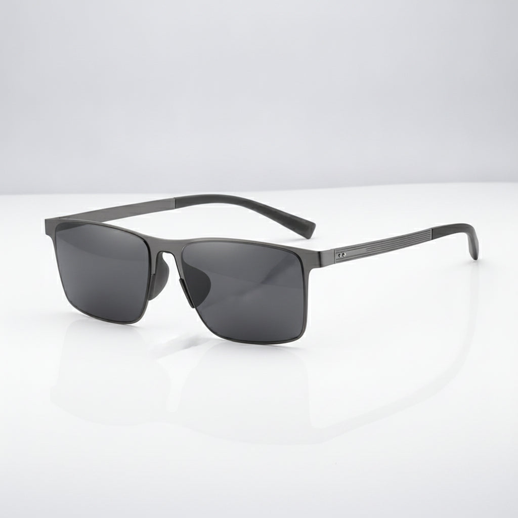 Rectangular Polarized Nylon Lens Metal Frame Men's Sunglasses with Square Rivets, in Dark gray-Dark gray