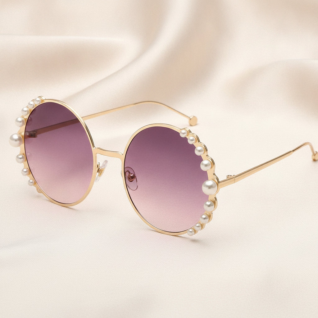 Round Gold Pearl Metal Frame Sunglasses for Ladies UV400 Protection Mirrored PC Lens