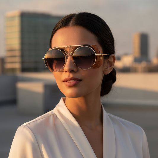 Women's Oversized Gold Round Metal Frame Anti-glare PC Lens UV400 Sunglasses
