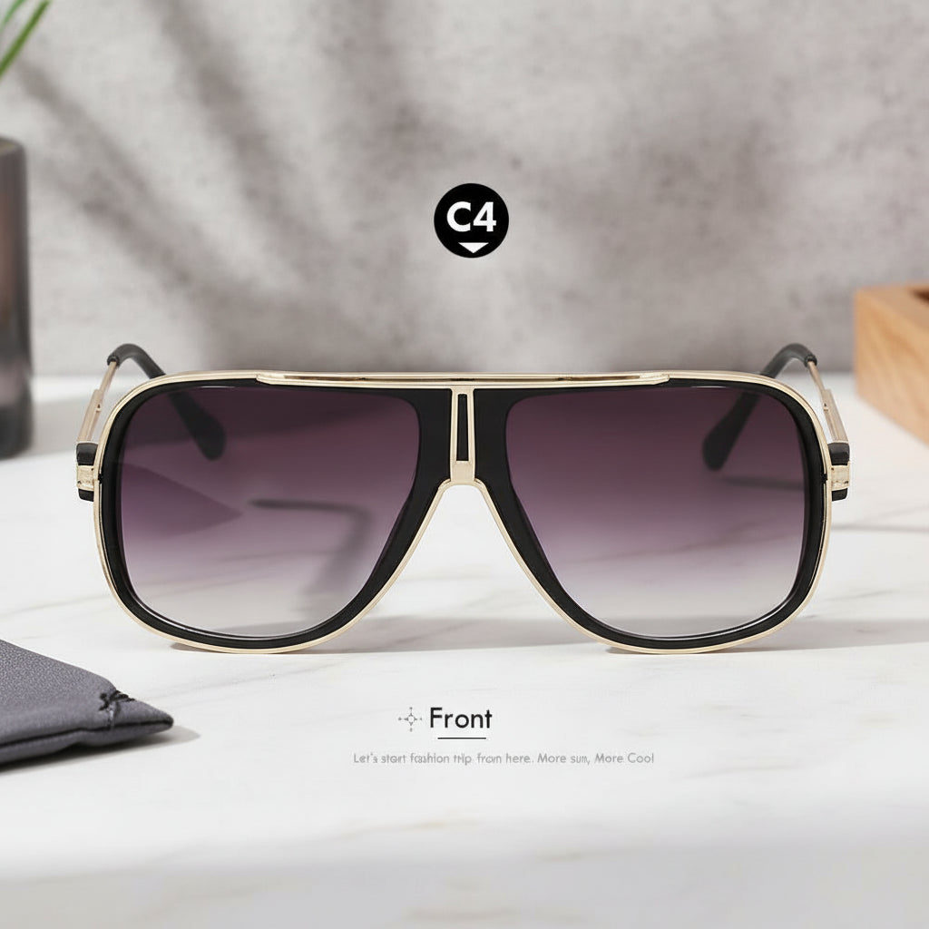 Men Women Summer Style HD Lens Gradient Black Gold Rectangle Aviator Oversized Sunglasses, in Black Gold / Purple Gradient