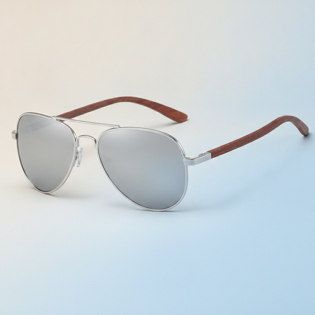 Adult Aviator Sunglasses UV Protection Bamboo Silver Frame Versatile Style for Travel Fashion Driving, in Silver Strip