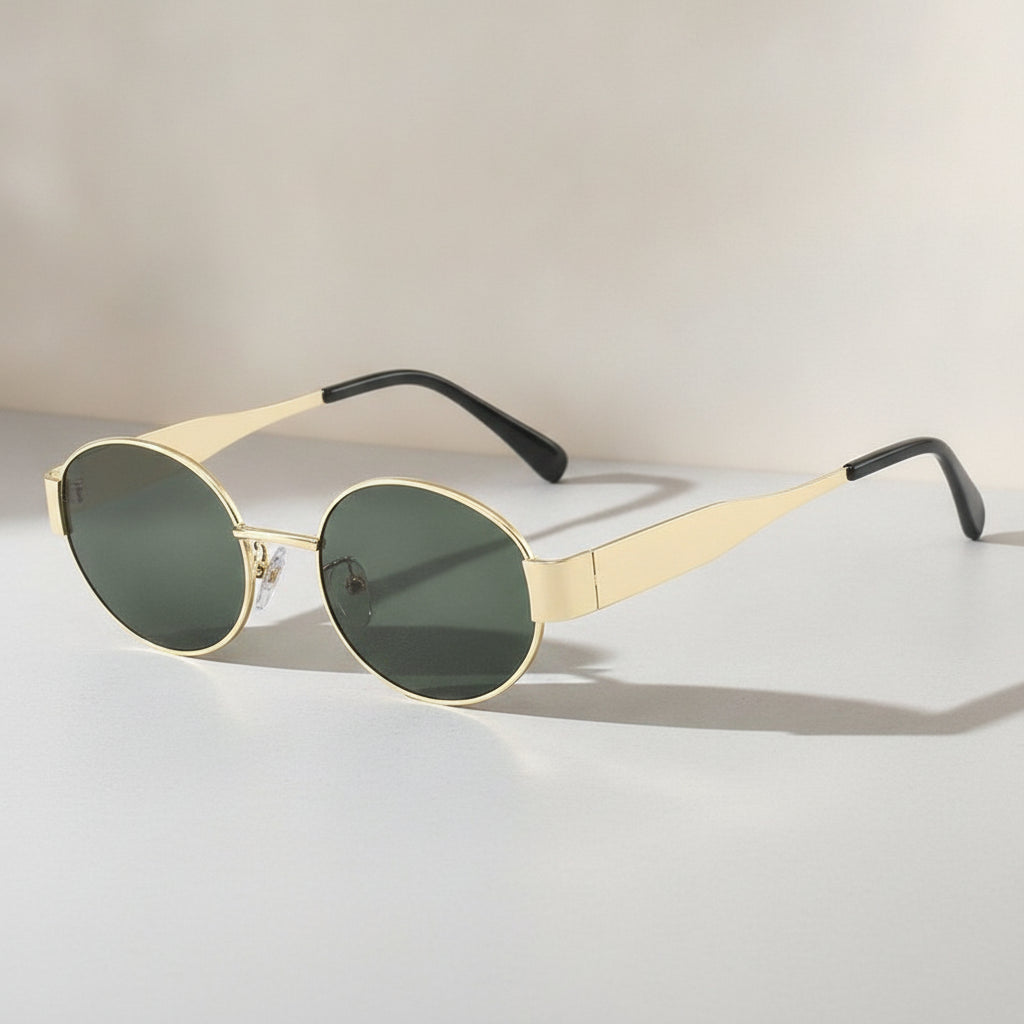 Women's Oval Sunglasses UV400 Metal Frame with AC Lenses Gold Tortoiseshell Design, in Gold Frame Dark Green Lens
