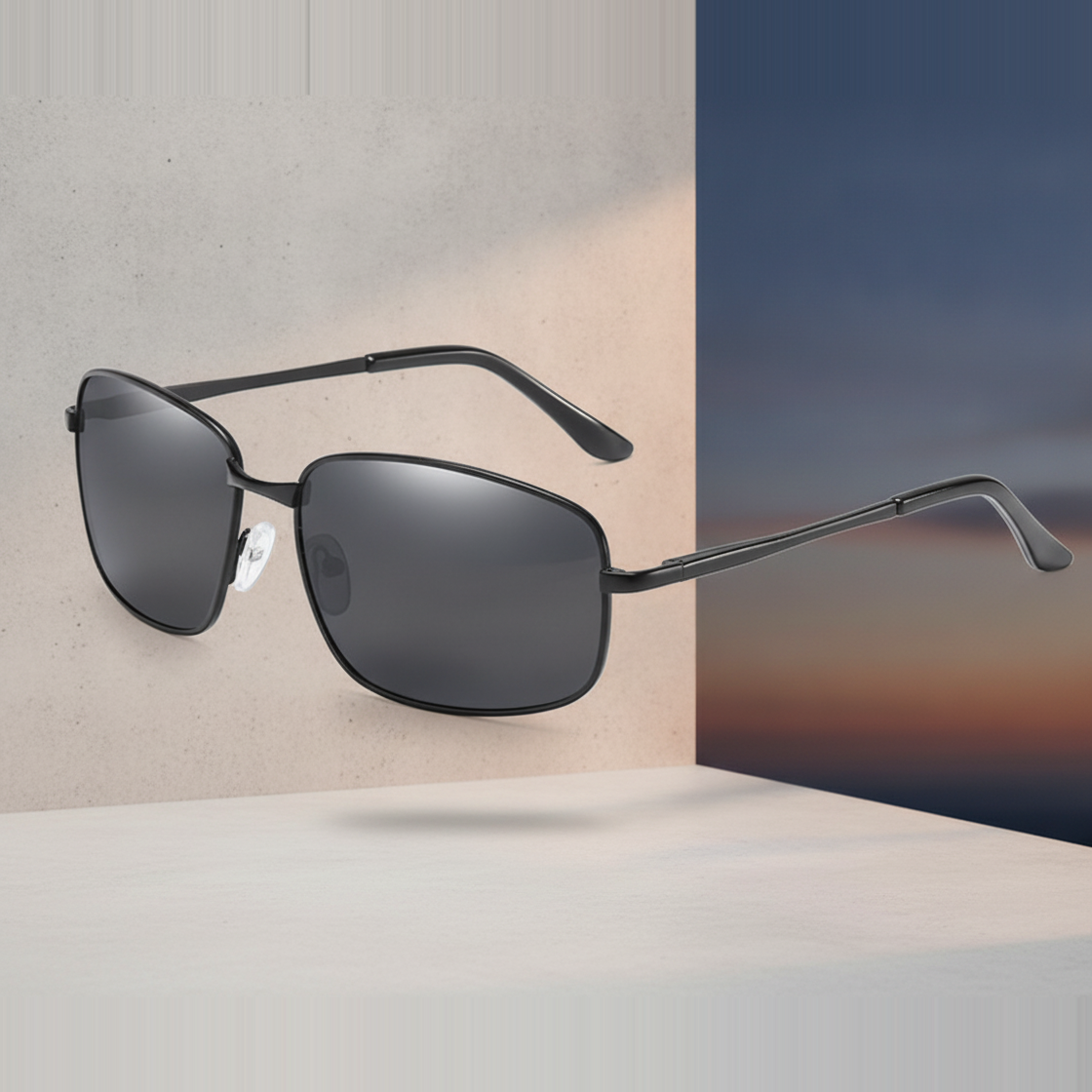 Men's Rectangular Sunglasses Black Metal Frame Polarized TAC Lenses UV400 Sports Style, in Black ash