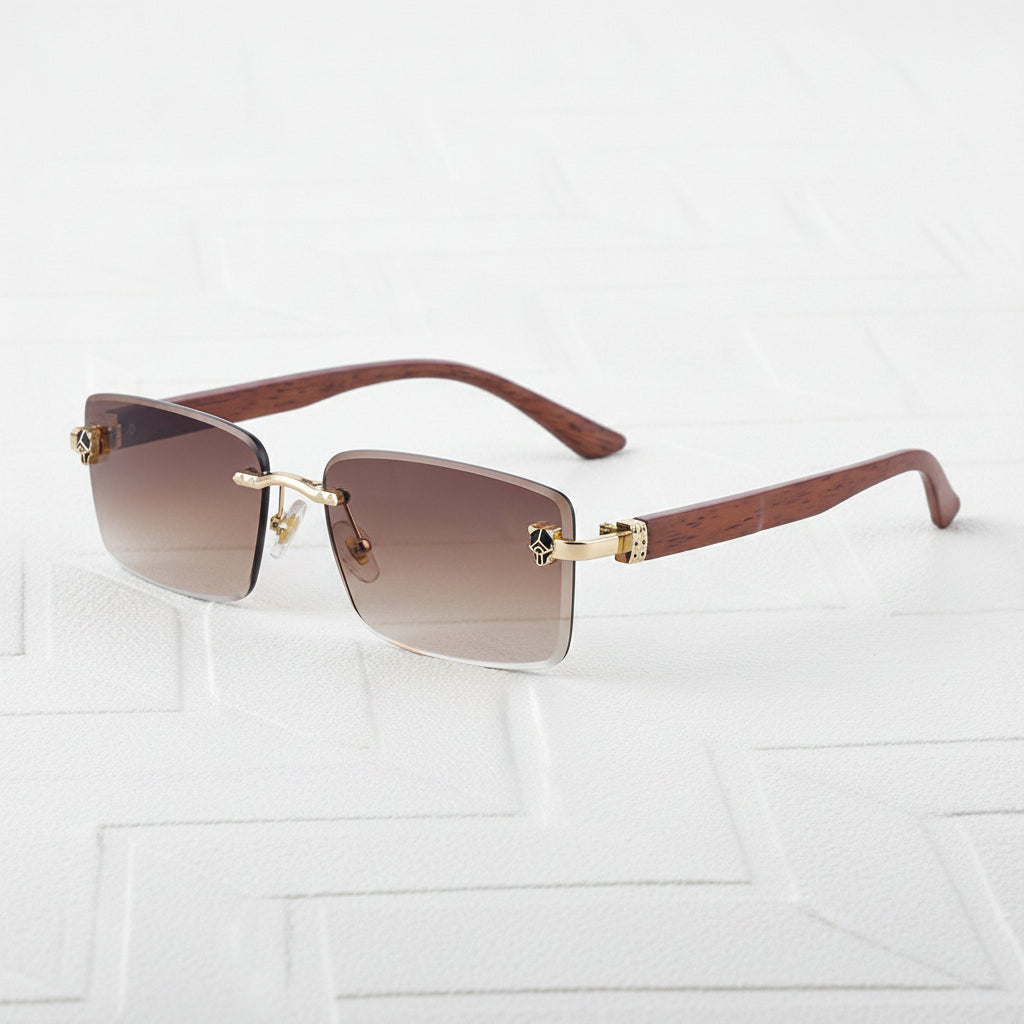 Rectangular Frameless Sunglasses For Men Retro Wood Grain Temple Leopard Head Sun Protection Gold Gradient, in C4 tea wood