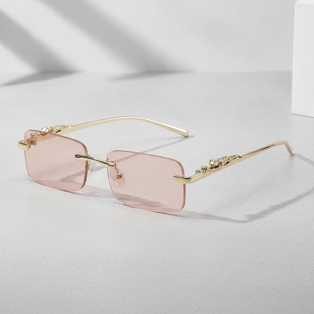Men And Women Fashion Simple Rectangular Rimless Sunglasses UV400 Protection Frame Gradient Lenses, in Champagne