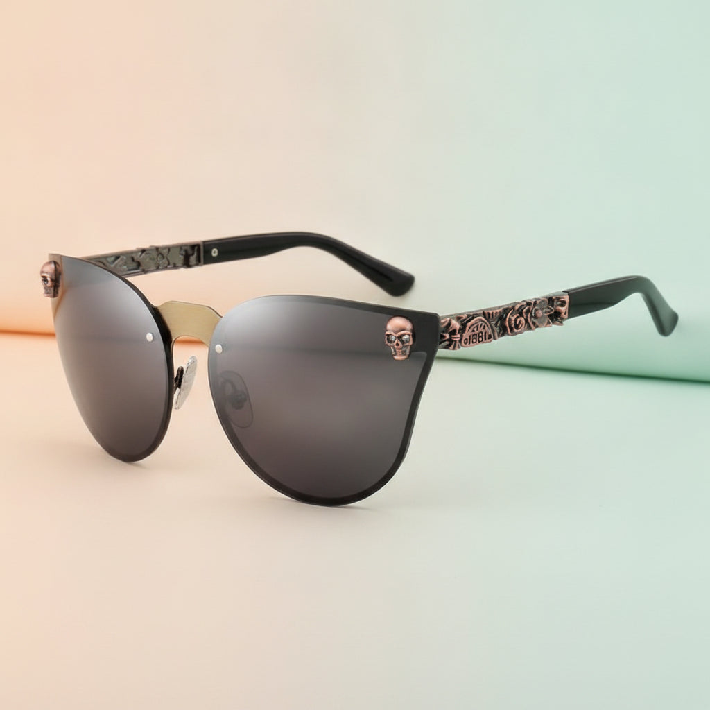 Black Mirrored Cat Eye Metal Sunglasses with Skull Design PC Lens