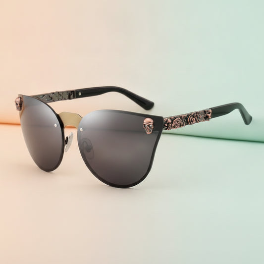 Black Mirrored Cat Eye Metal Sunglasses with Skull Design PC Lens