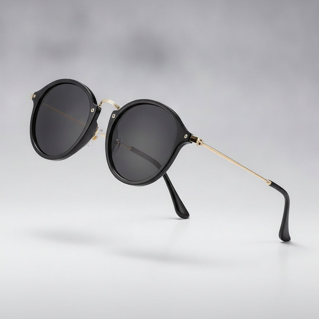 Round Black UV400 HD Sunglasses For Men And Women with Plastic and Metal Frame