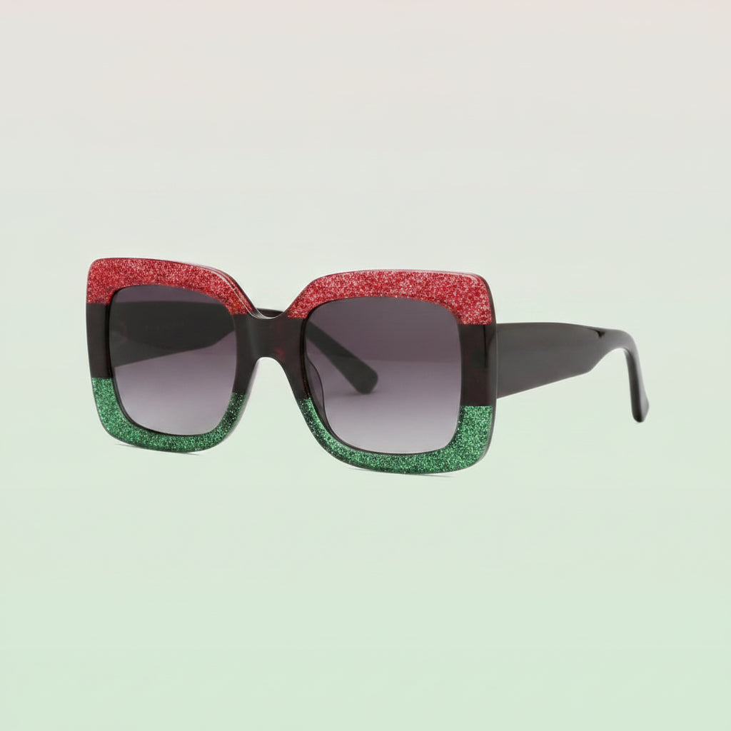 Oversized Square Colorful Glitter Retro Sunglasses with Gradient Blue Lenses