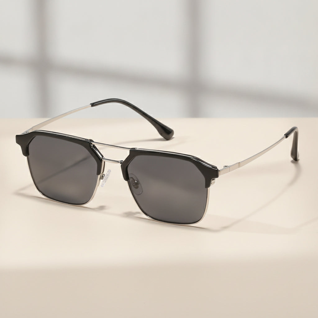 Unisex Square Sunglasses UV400 Polarized Composite Nylon Lenses Stainless Steel Frame, in Bright Black Silver