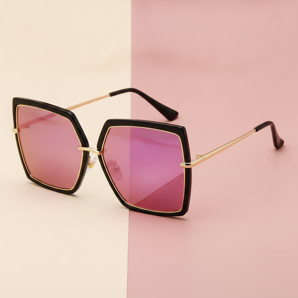 Men and Women Retro Square Oversized Reflective Black Metal UV400 Sunglasses Resin Lenses, in Bright black purple