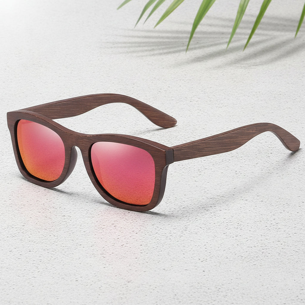 Retro Universal Wayfarer Sunglasses Bamboo Wood Polarized TAC UV400, in Red