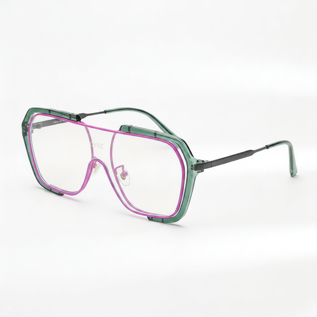 Men's Retro Rectangular Oversized Sunglasses PC Lens Clear Plastic Metal Frame UV400, in Green powder