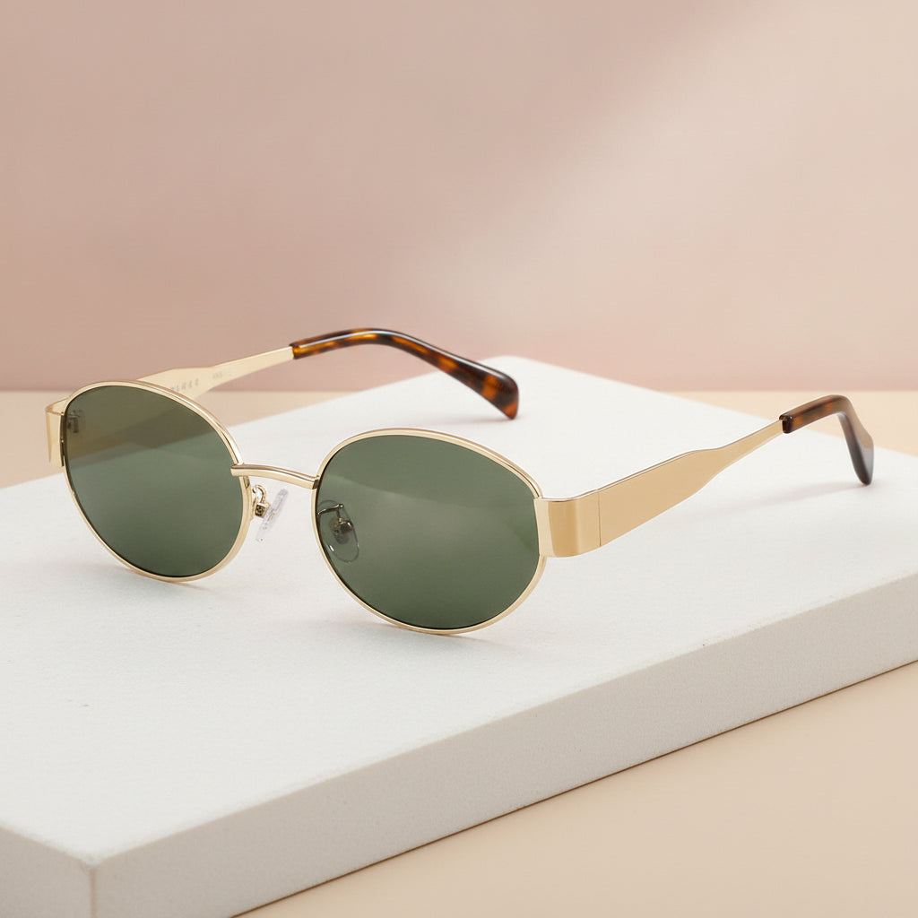 Women's Oval Sunglasses UV400 Metal Frame with AC Lenses Gold Tortoiseshell Design
