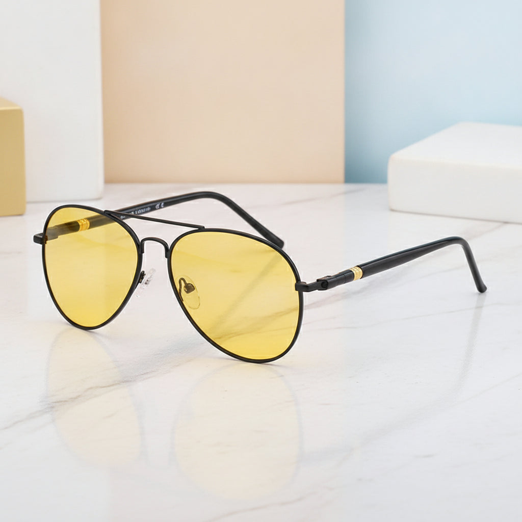 Silver Metal Frame Aviator Polarized Sunglasses with Lens UV400 for Men And Women, in Black framed yellow