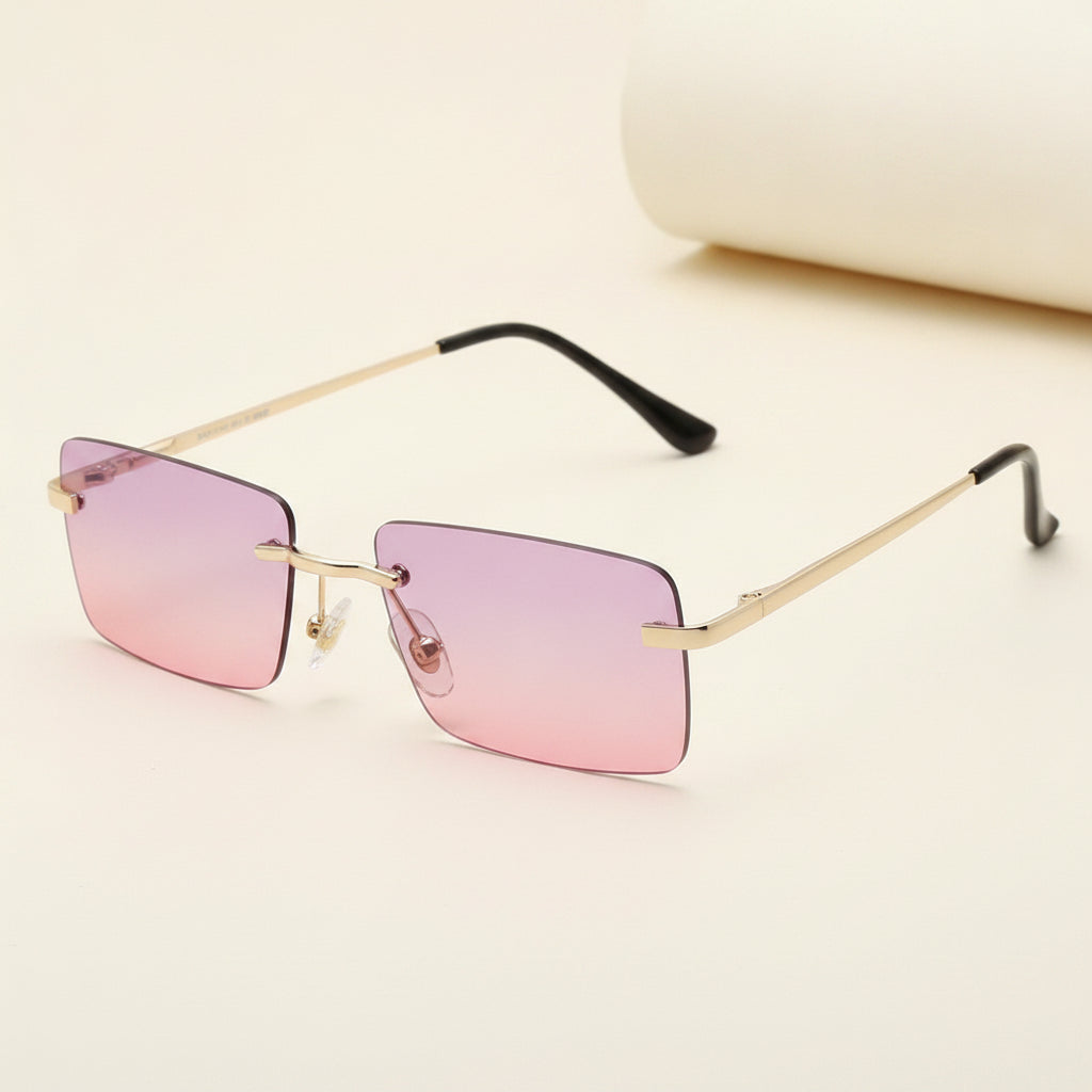 Female Rectangular Rimless Sunglasses with Gold Metal Frame and Gradient PC Lenses for Big Face