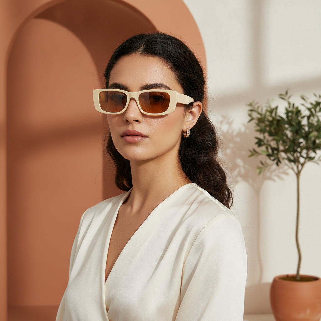 Rectangular Resin Frame Vintage Sunglasses with UV400 Lenses for Men and Women, in Off white