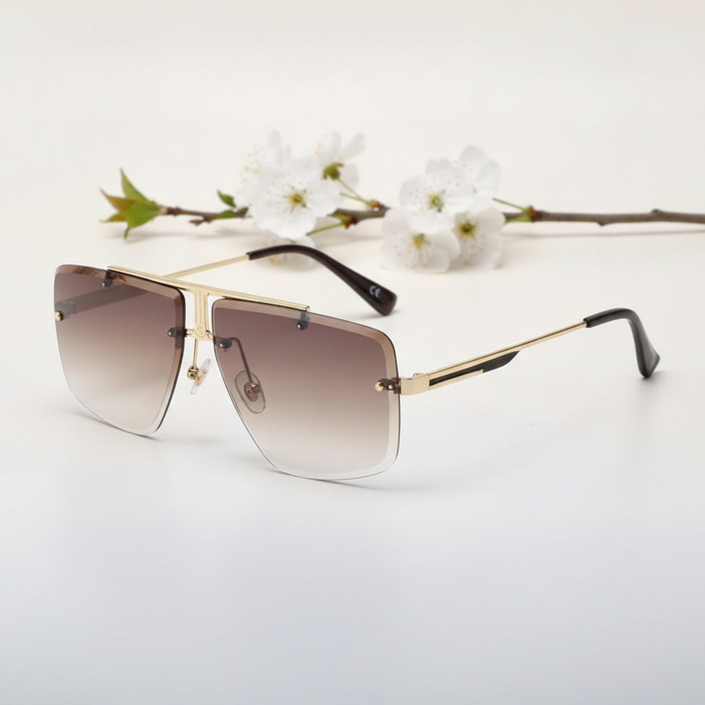 Men's Aviator Rectangle Sunglasses Rimless Cut-edge Metal Frame PC UV400 Gradient Lens, in Gold tea