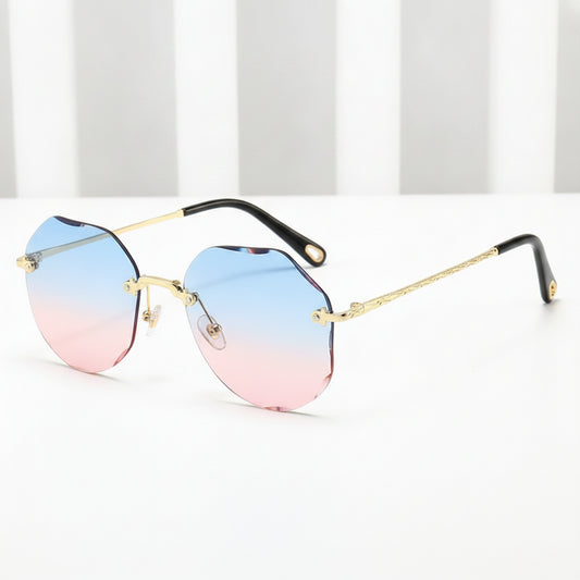 Women's Cat Eye Rimless Metal Sunglasses with Gradient PC UV Protection Lenses, in Blue pink
