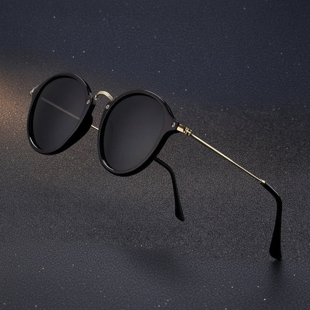 Round Black UV400 HD Sunglasses For Men And Women with Plastic and Metal Frame