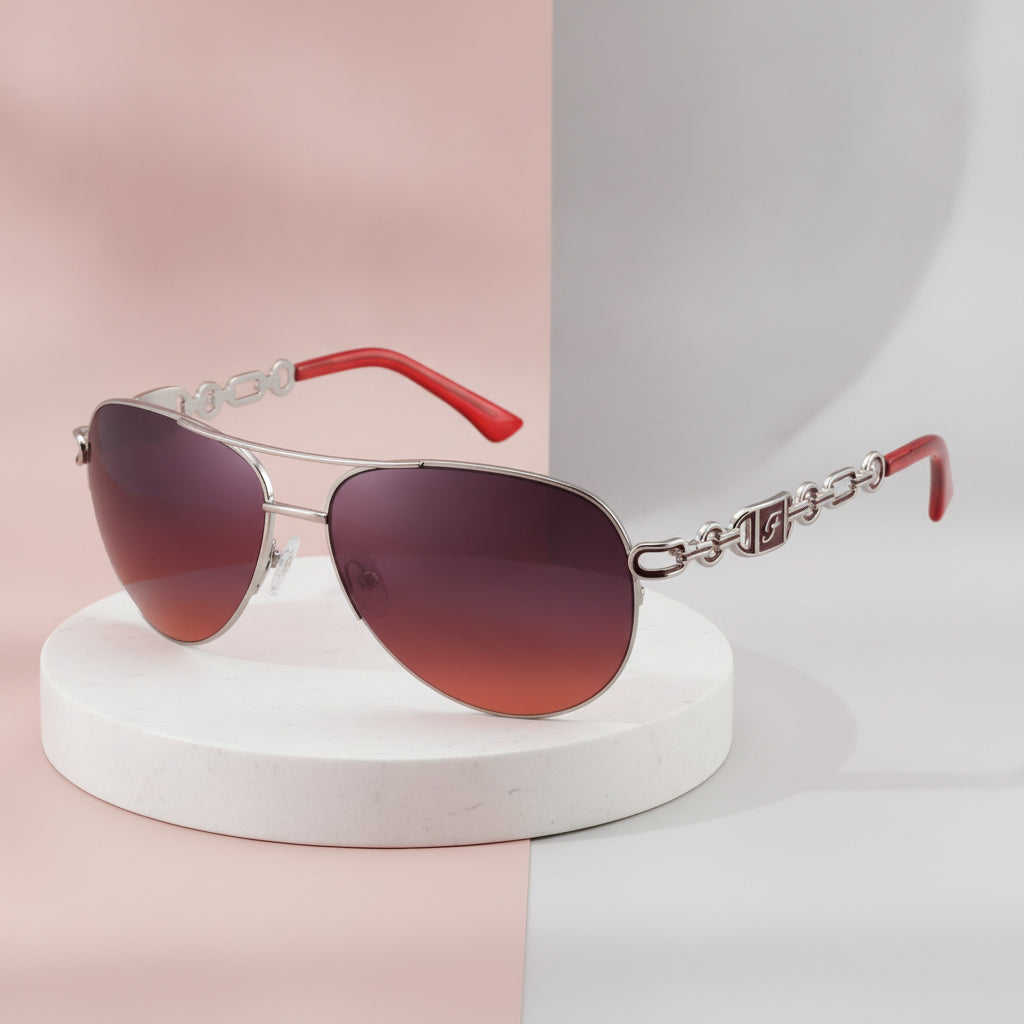 Ladies Oversized Aviator Sunglasses Silver Metal Frame PC Gradient UV400 Lenses, in Silver / Burgundy Red Gradient