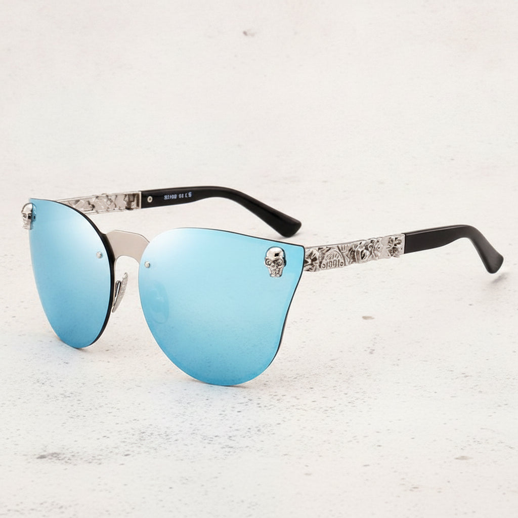 Black Mirrored Cat Eye Metal Sunglasses with Skull Design PC Lens