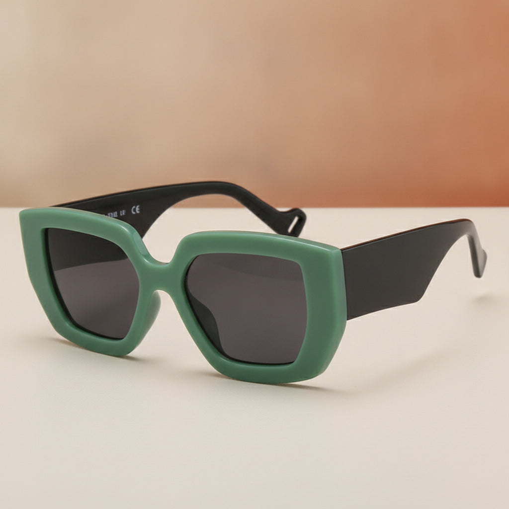 Unisex Rectangular Oversized Sunglasses with PC Frame AC Lens Thick Edge Modern Retro Style, in Green grey