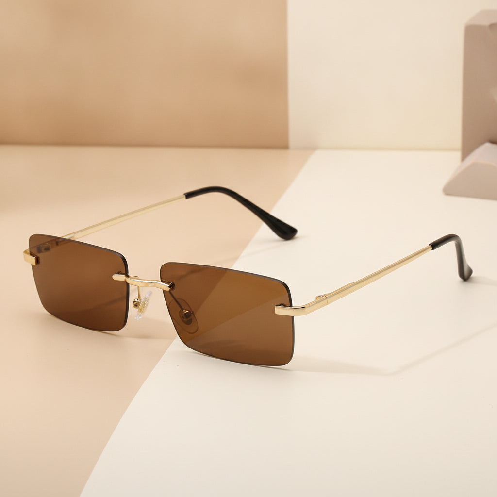 Female Rectangular Rimless Sunglasses with Gold Metal Frame and Gradient PC Lenses for Big Face