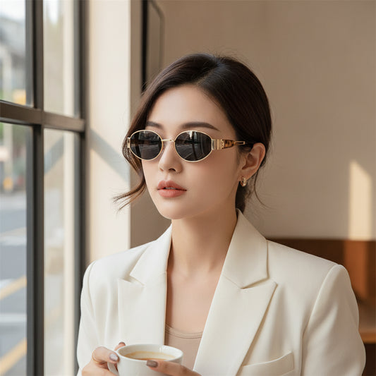 Women's Oval Sunglasses UV400 Metal Frame with AC Lenses Gold Tortoiseshell Design