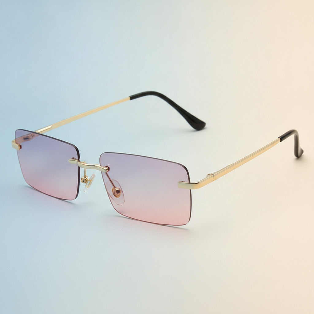 Female Rectangular Rimless Sunglasses with Gold Metal Frame and Gradient PC Lenses for Big Face