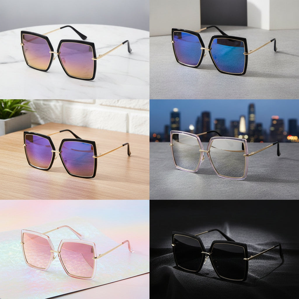 Men and Women Retro Square Oversized Reflective Black Metal UV400 Sunglasses Resin Lenses, in Bright black blue