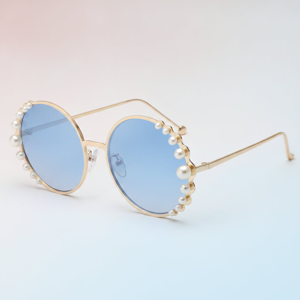 Round Gold Pearl Metal Frame Sunglasses for Ladies UV400 Protection Mirrored PC Lens