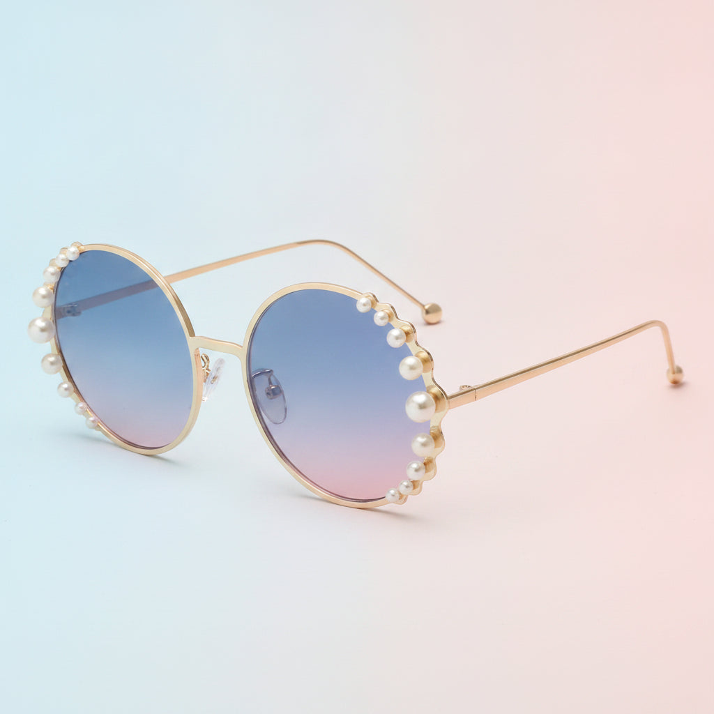 Round Gold Pearl Metal Frame Sunglasses for Ladies UV400 Protection Mirrored PC Lens