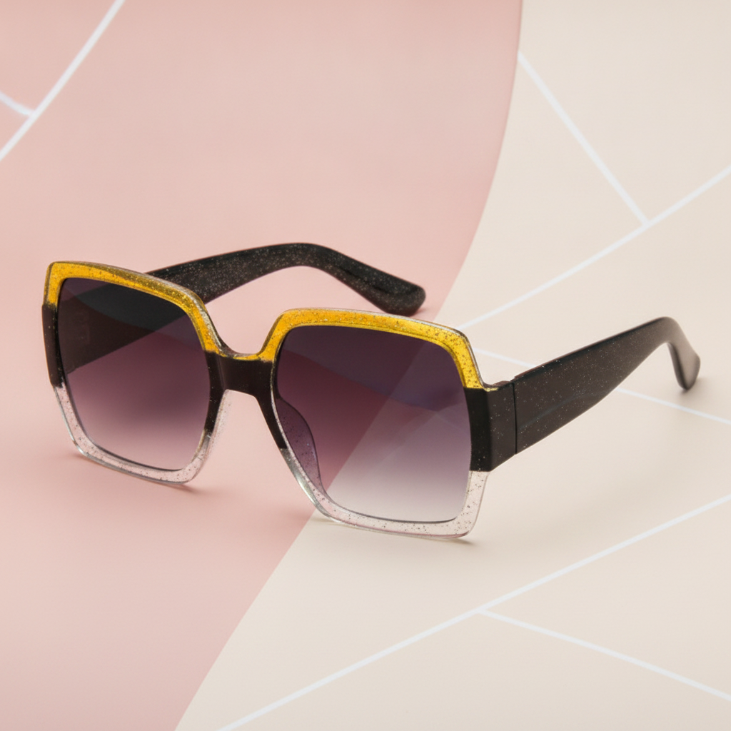Oversized Square Glitter Retro Sunglasses with Blue Lenses, in 3style