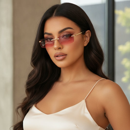 Female Rectangular Rimless Sunglasses with Gold Metal Frame and Gradient PC Lenses for Big Face