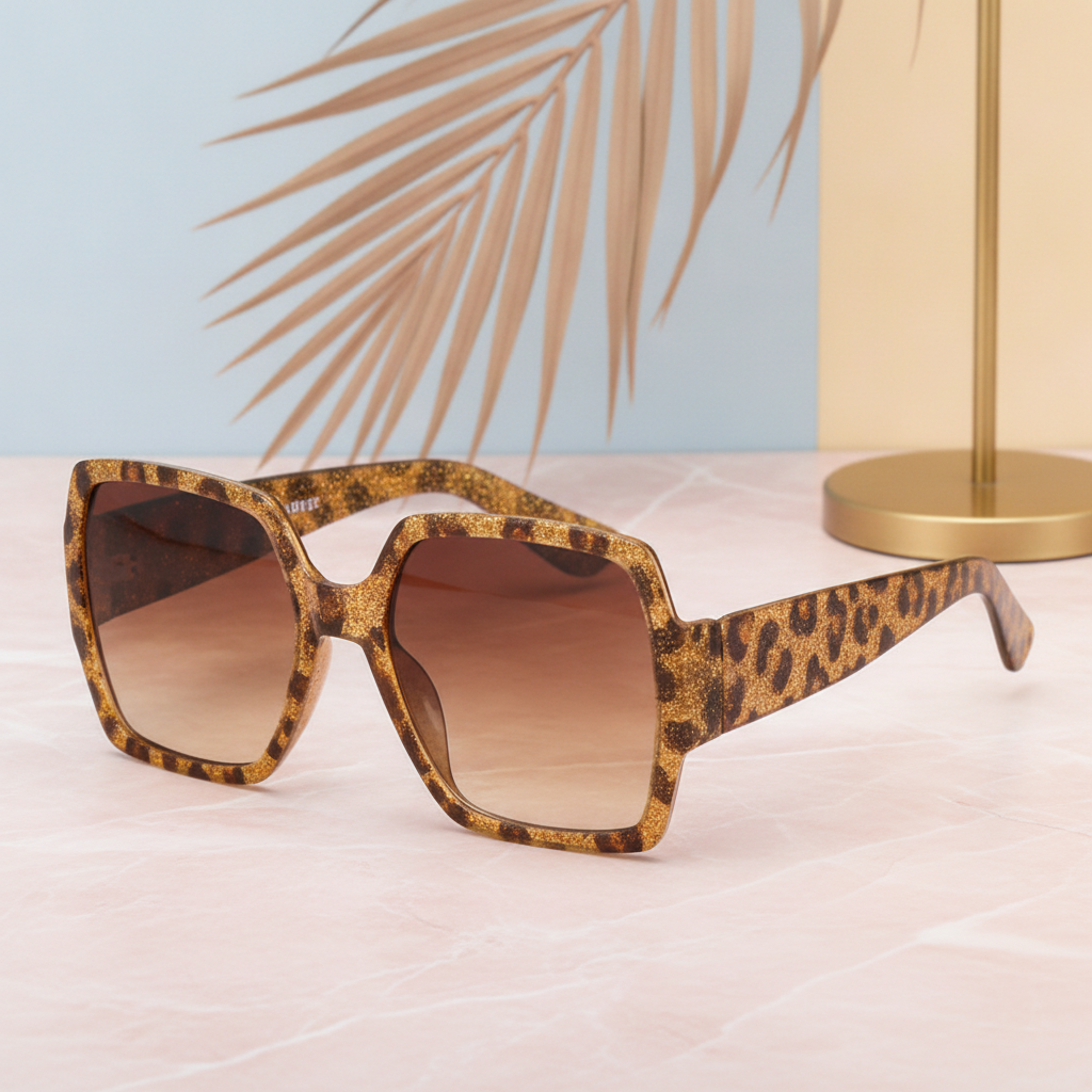 Oversized Square Glitter Retro Sunglasses with Blue Lenses, in 7style