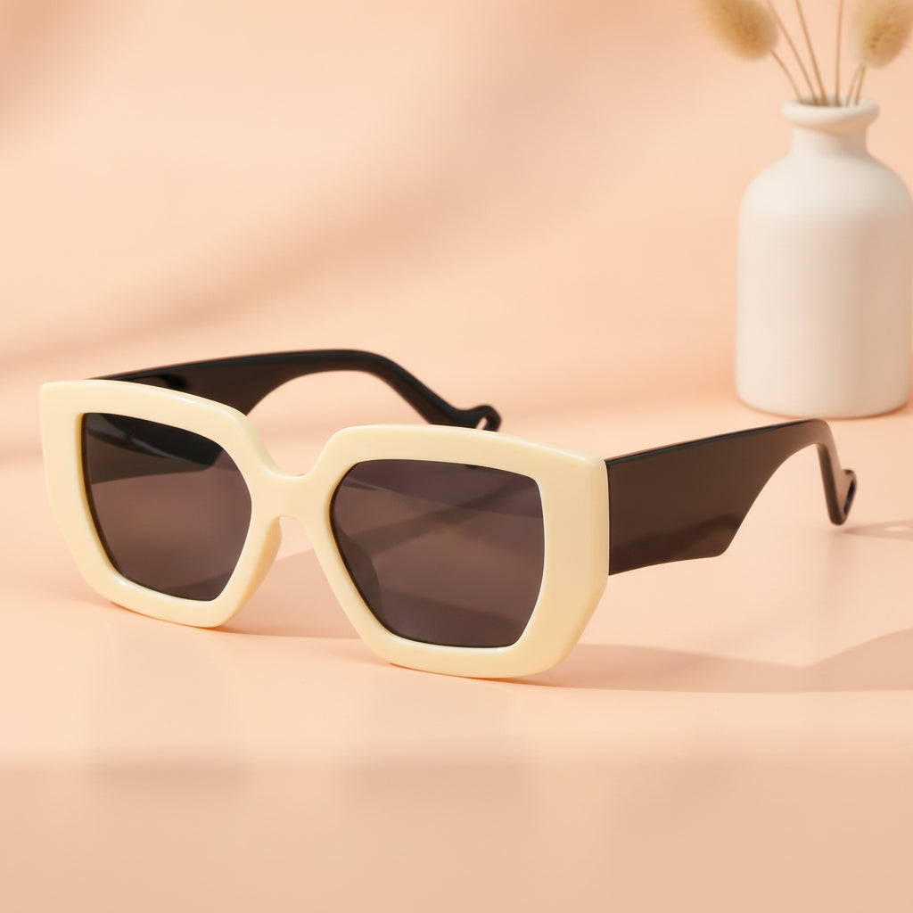 Unisex Rectangular Oversized Sunglasses with PC Frame AC Lens Thick Edge Modern Retro Style, in Beige grey