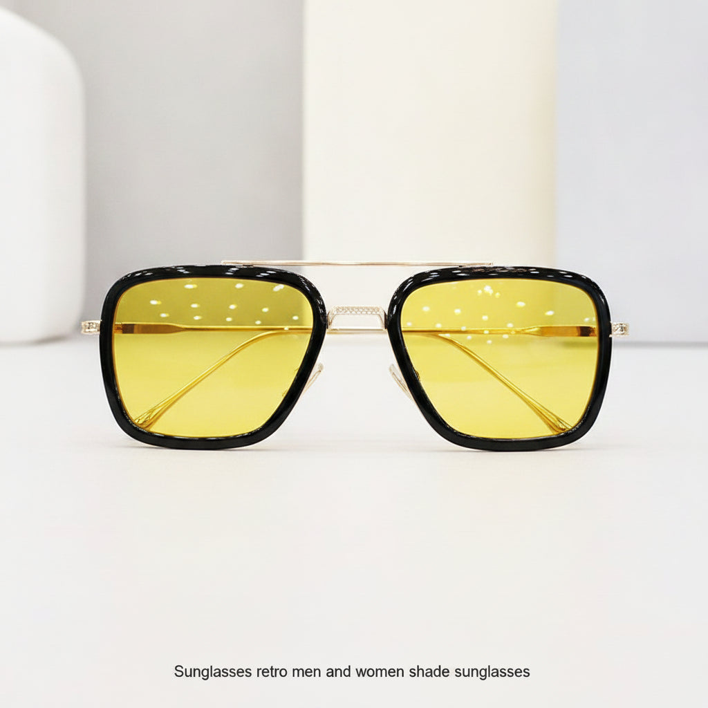 Retro Square Oversized Sunglasses for Men and Women with UV400 Protection PC Lenses Metal Frame, in Yellow