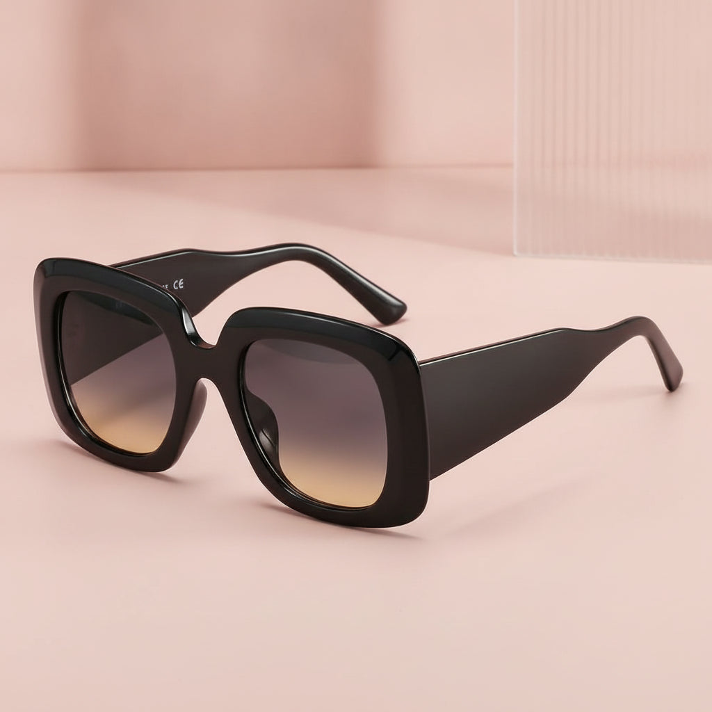 Retro Rectangular PC Frame UV400 Outdoor Sunglasses for Men And Women, in Black frame green yellow