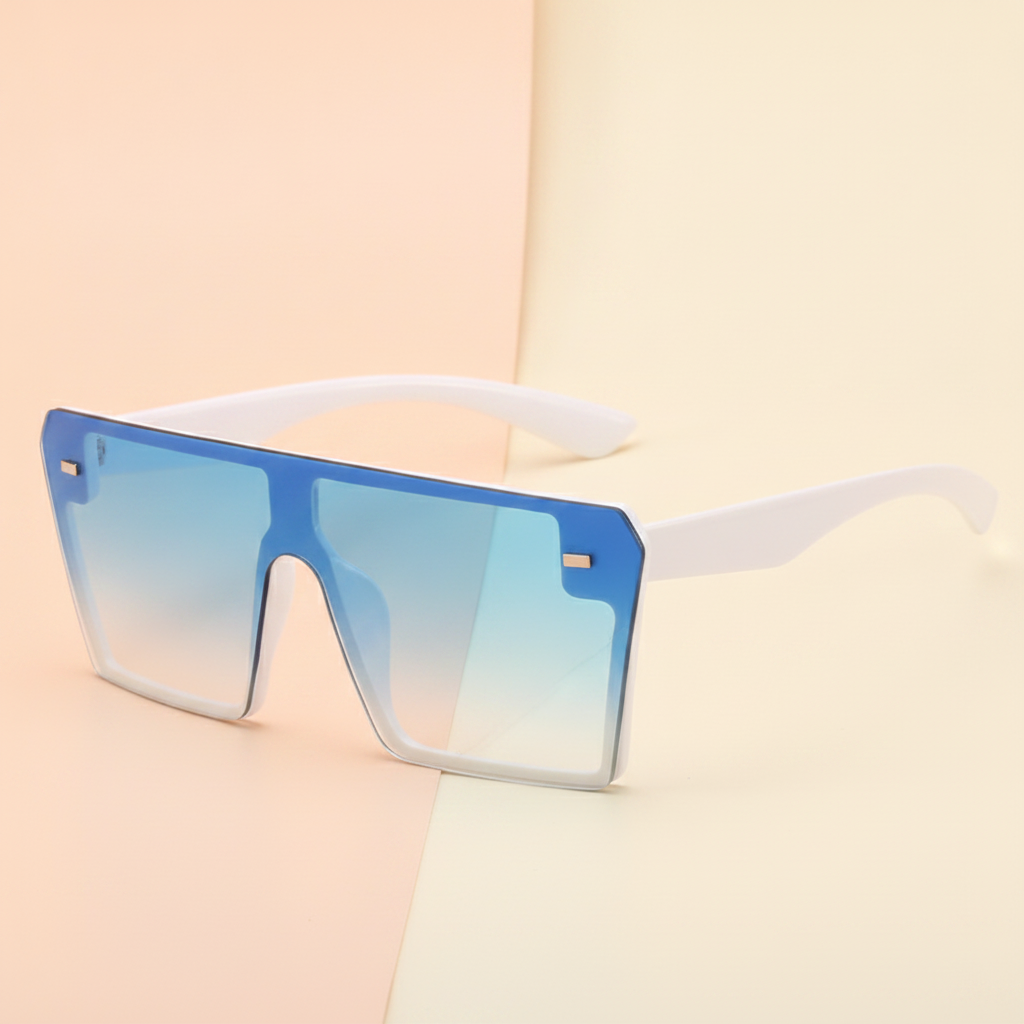 Frameless Oversized Rectangular Polarized Sunglasses UV400 AC PC for Universal Fashion, in White Blue